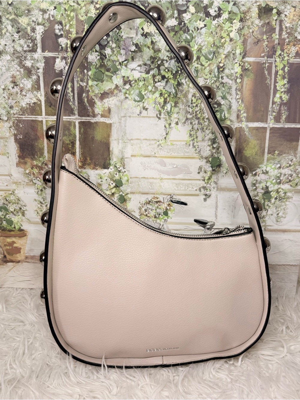 BCBG Faux-Leather Hobo Shoulder Bag in Pale Pink